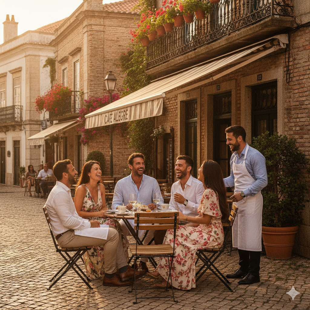 A foreigner confidently ordering at a sunlit cafe in a beautiful foreign square, locals engaged and laughing around the table.